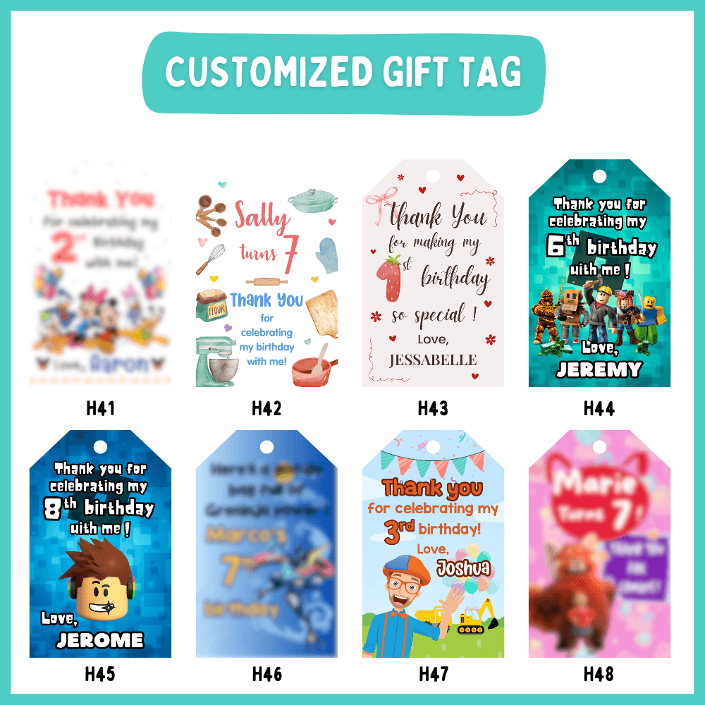 Personalised thank you gift tags for birthday goodie bags, available in a wide range of party themes