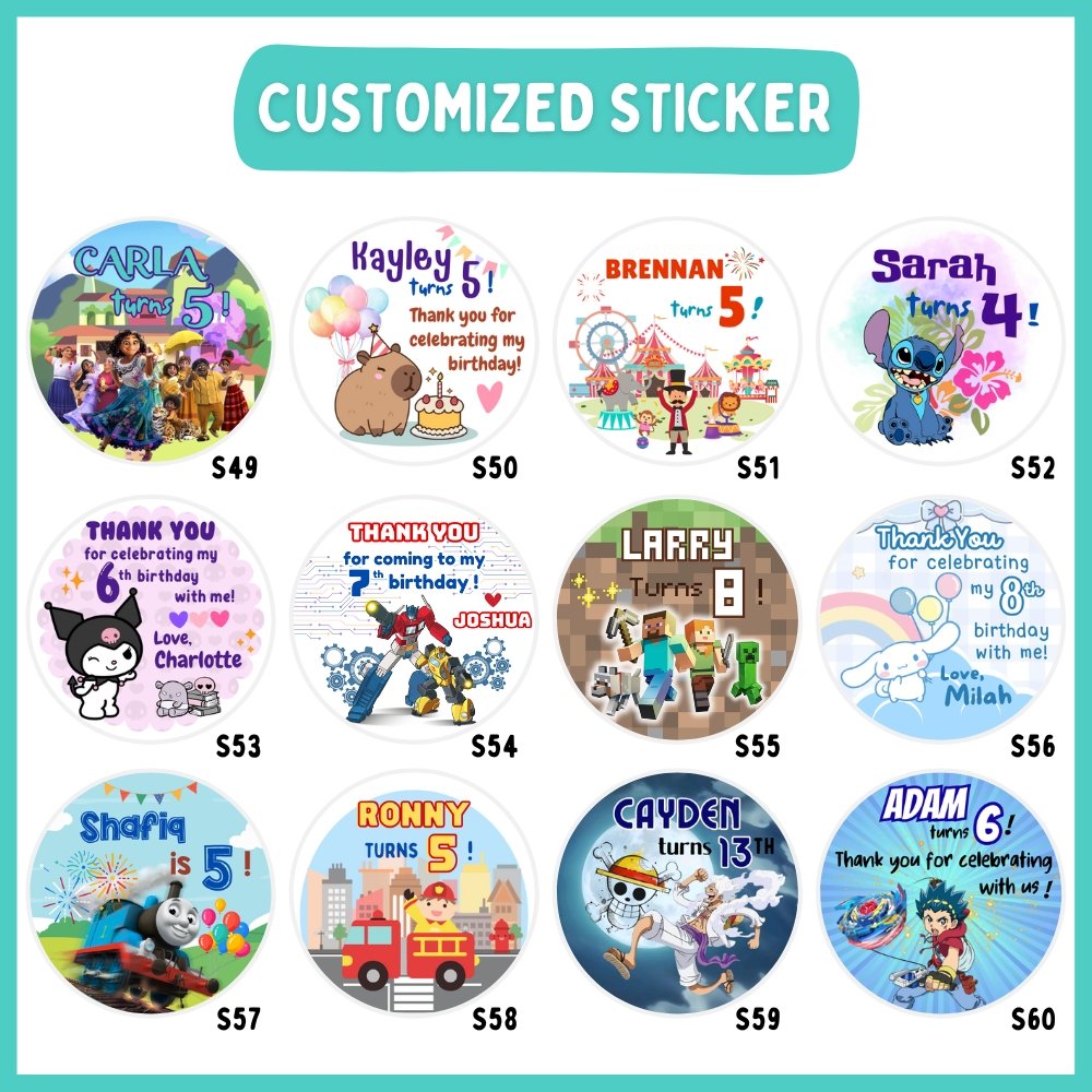 customized sticker for birthday party favors