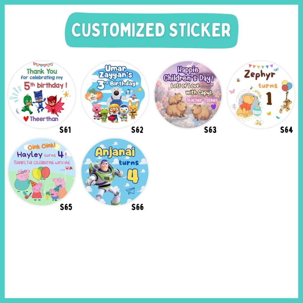 Personalized stickers with various designs and text