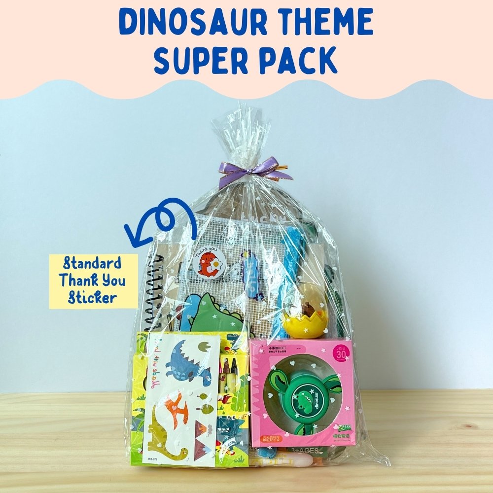 dinosaur theme kids super goodie bags pack with thank you sticker