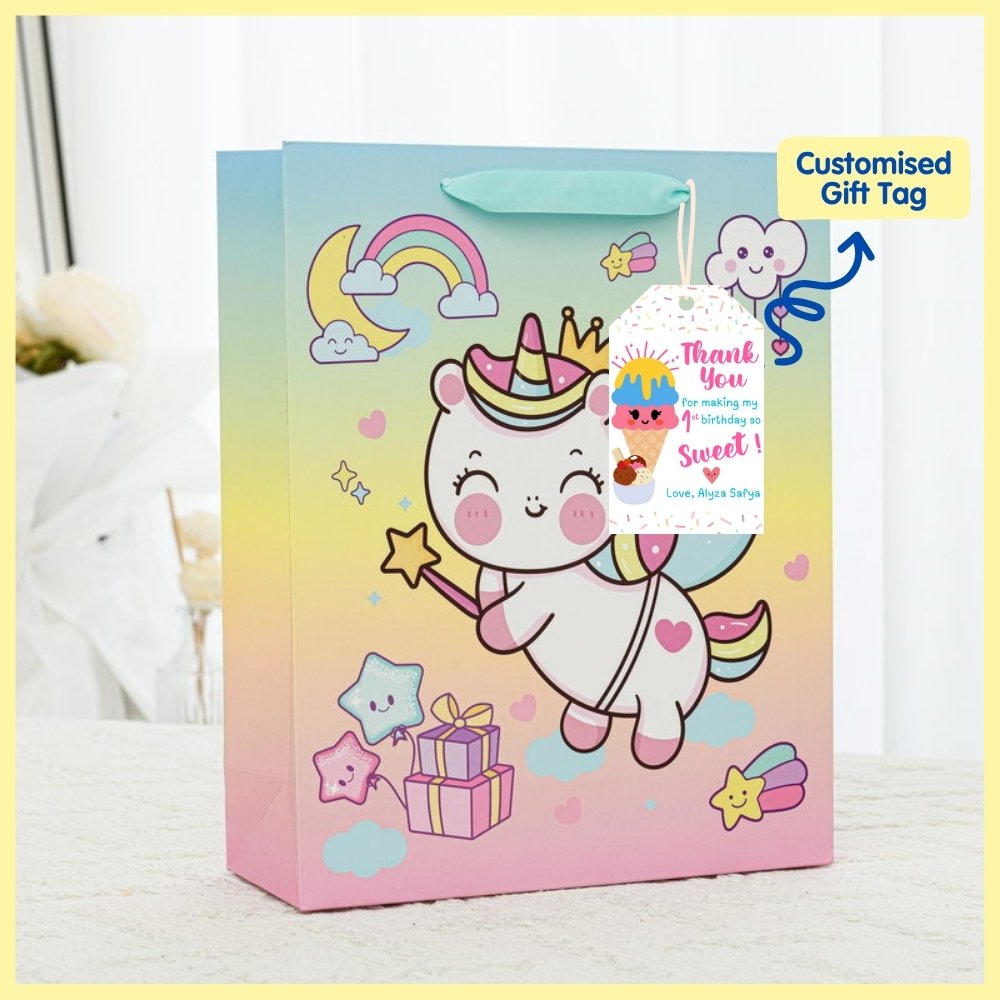 Unicorn bag with thank you tag