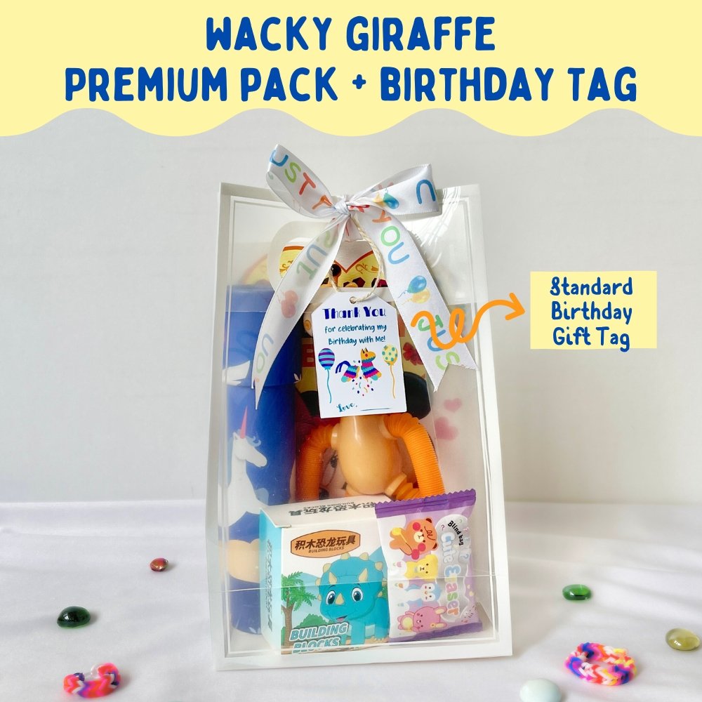 wacky giraffe with standard birthday gift tag