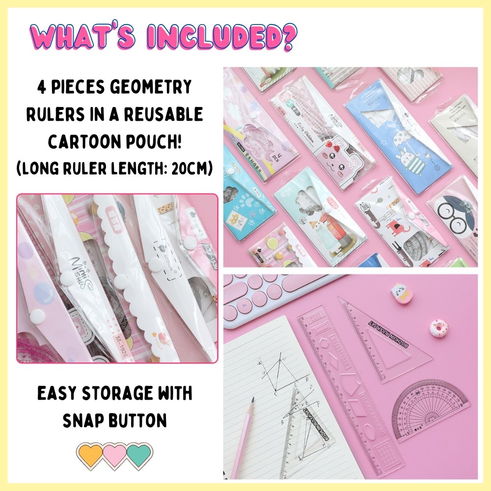 4 piece geometry ruler with cartoon pouch