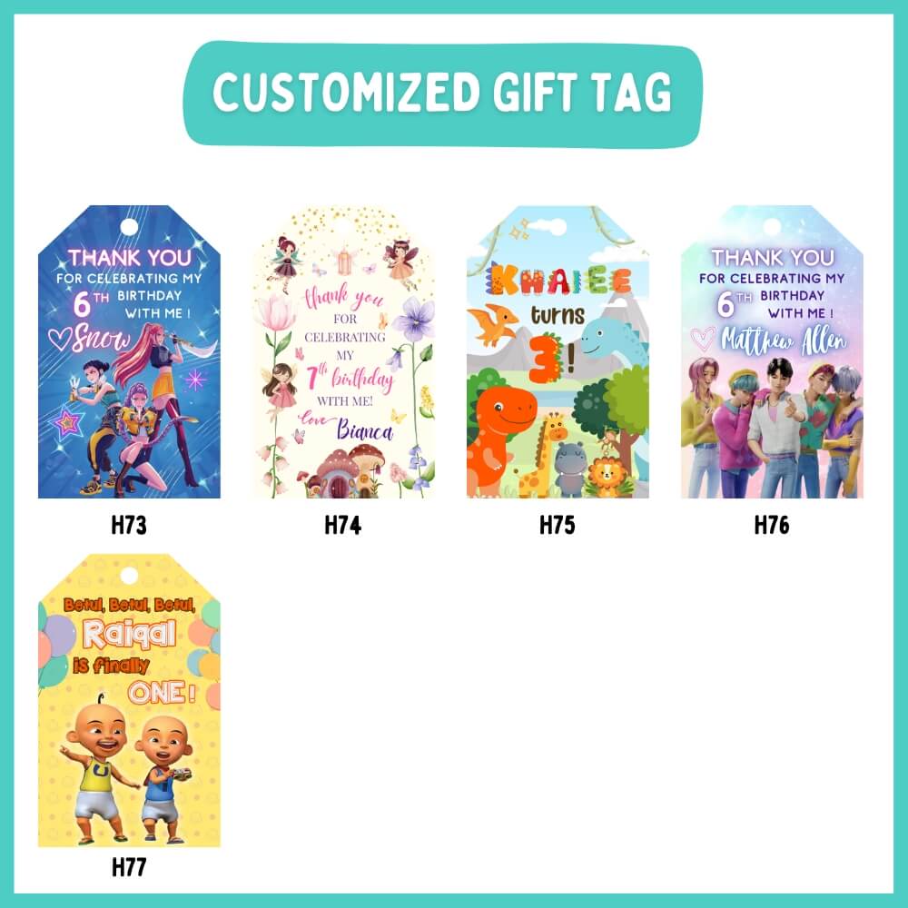 Personalized gift tags with various designs and text 