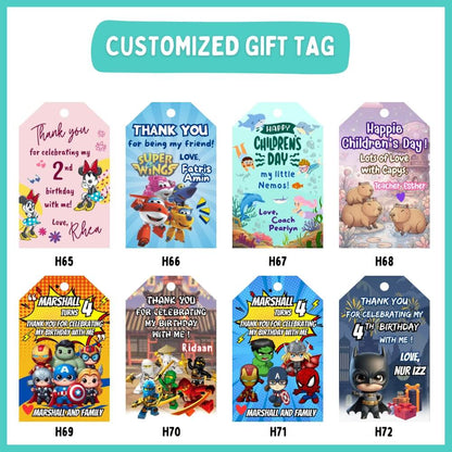 Personalized gift tags with various designs and text 
