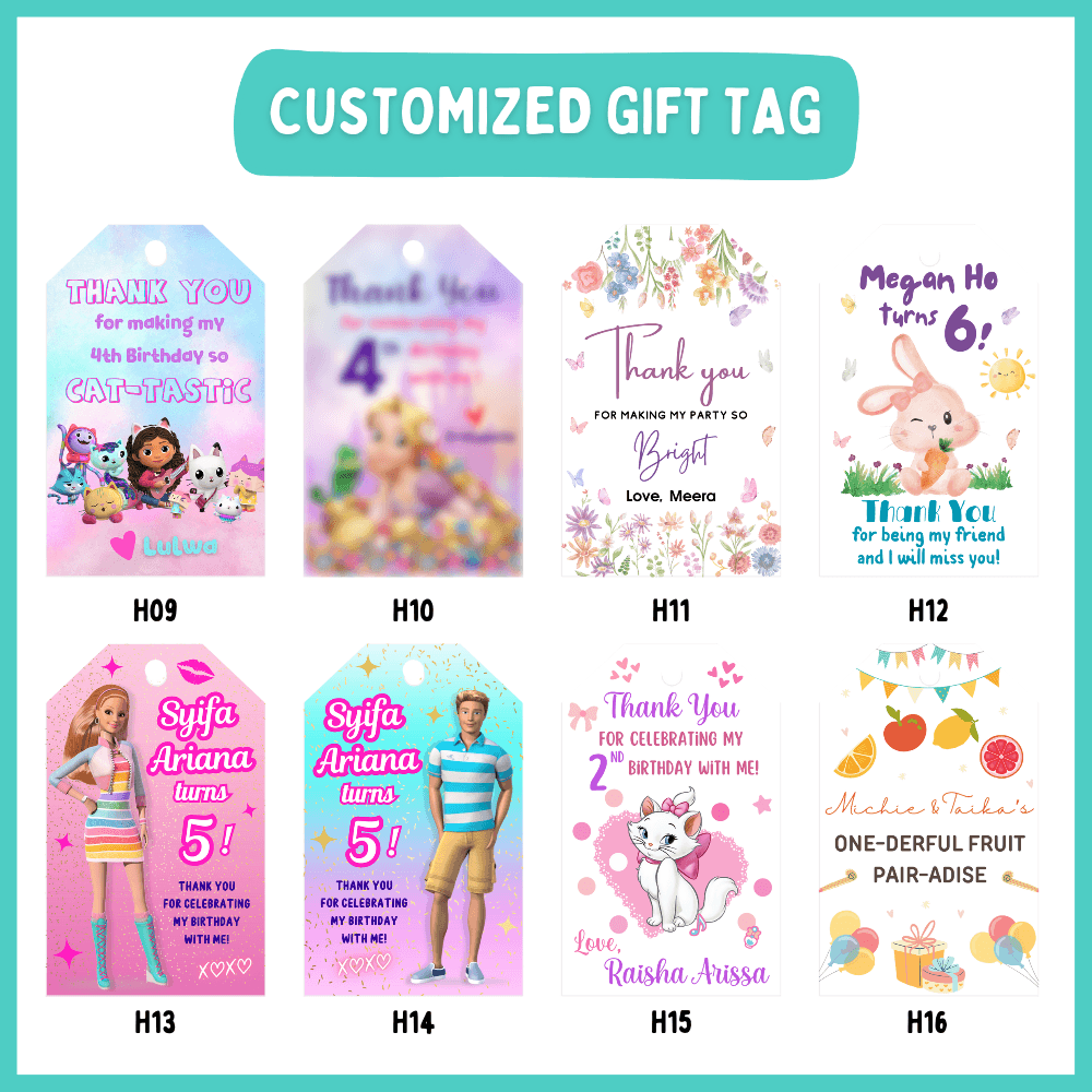 Personalised birthday gift tags attached to every ready-to-gift goodie bag from Bash Party Store