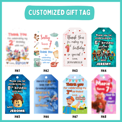 Personalised thank you gift tags for birthday goodie bags, available in a wide range of party themes