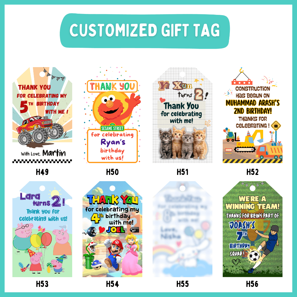 Customised birthday gift tags for kids, attached to your ready-to-gift goodie bags before delivery