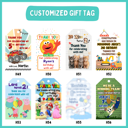 Customised birthday gift tags for kids, attached to your ready-to-gift goodie bags before delivery