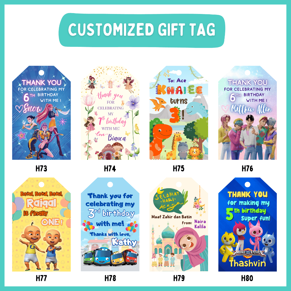 Personalised birthday gift tags from Bash Party Store, attached to goodie bags or bought separately