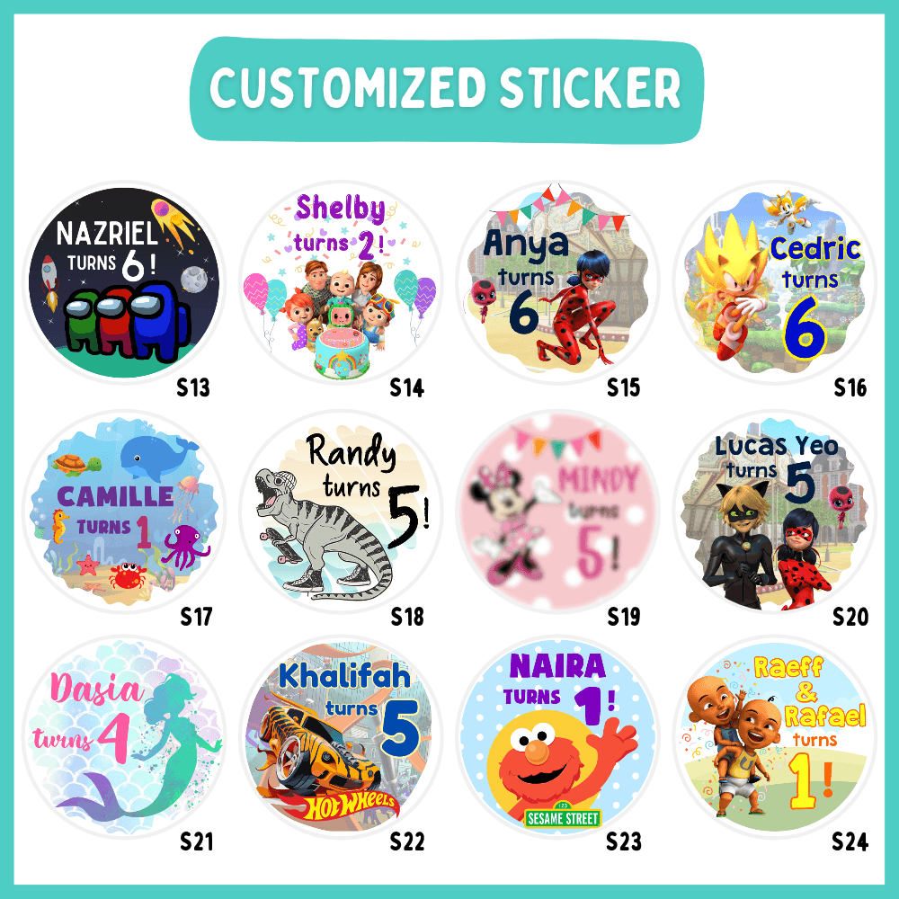 Personalised birthday stickers in 5cm and 7cm circle sizes, waterproof glossy finish