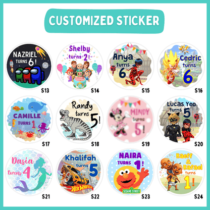Personalised birthday stickers in 5cm and 7cm circle sizes, waterproof glossy finish