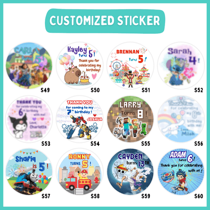 Customised round birthday stickers available in a wide range of party themes