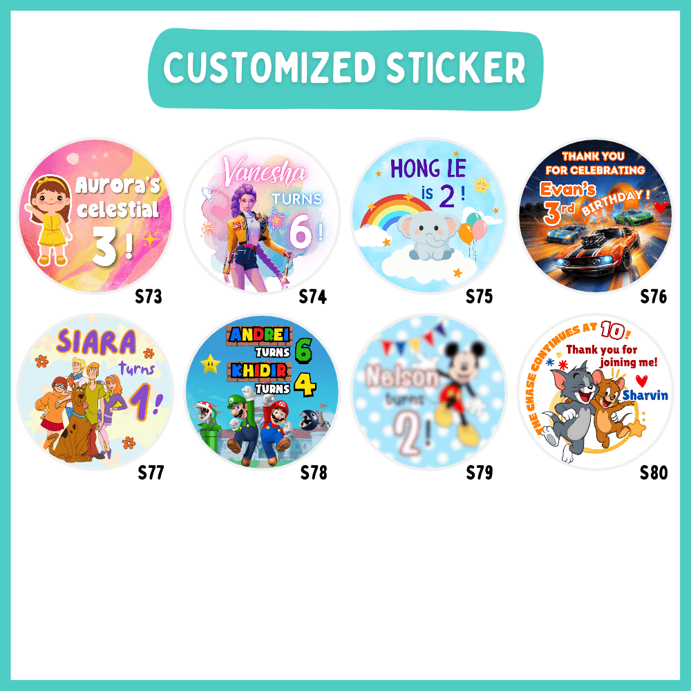 Customised birthday stickers in Singapore, personalised for any party theme or occasion